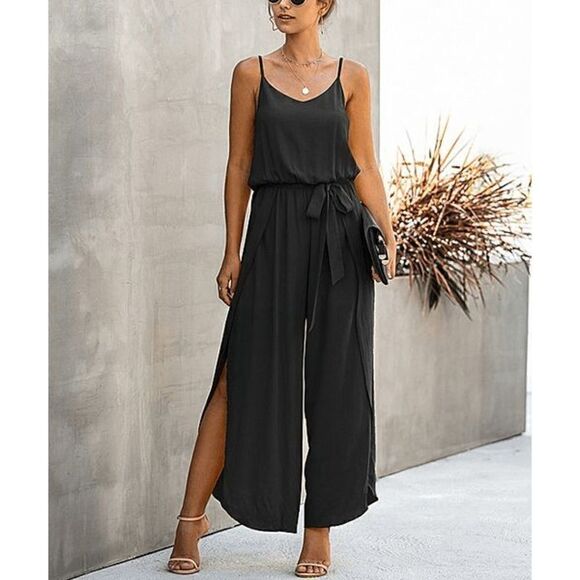 Elings Black V-Neck Sleeveless Split-Hem Jumpsuit S - Picture 1 of 12